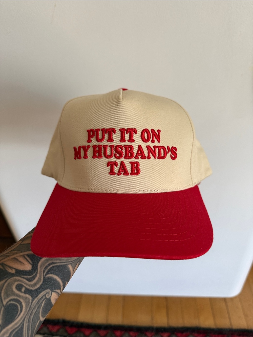 Beige & Red 'Put It On My Husband's Tab' Cap